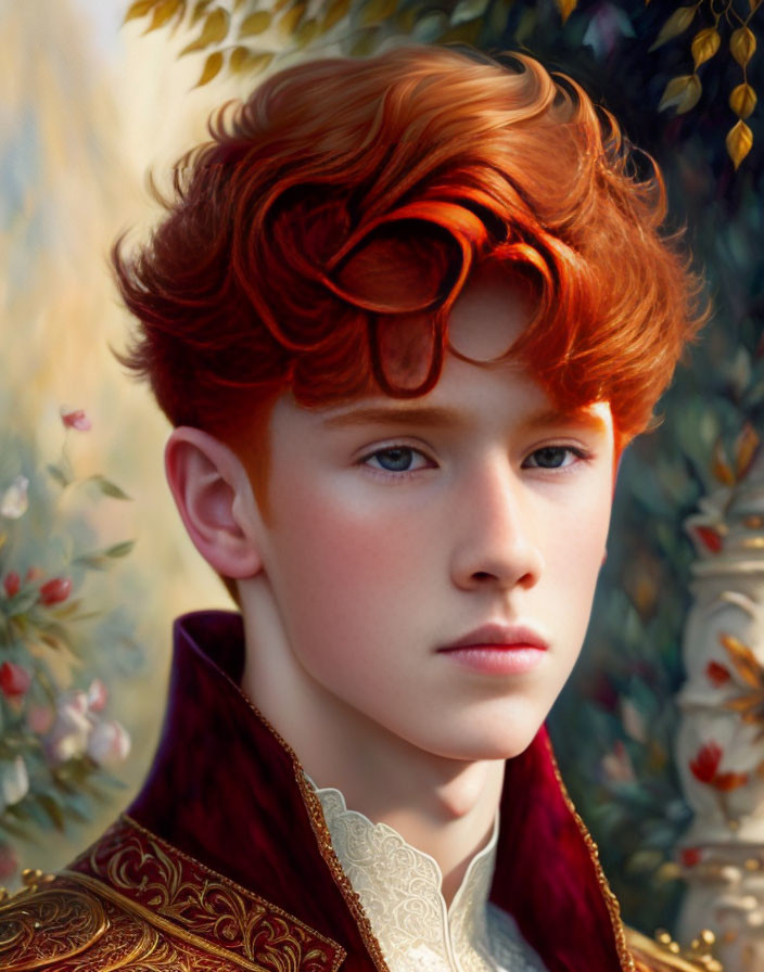 Portrait of young individual with auburn hair, blue eyes, wearing burgundy cloak against floral backdrop