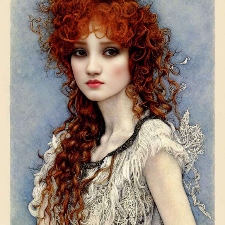 Illustration: Young woman with curly red hair in lace dress with butterfly motifs