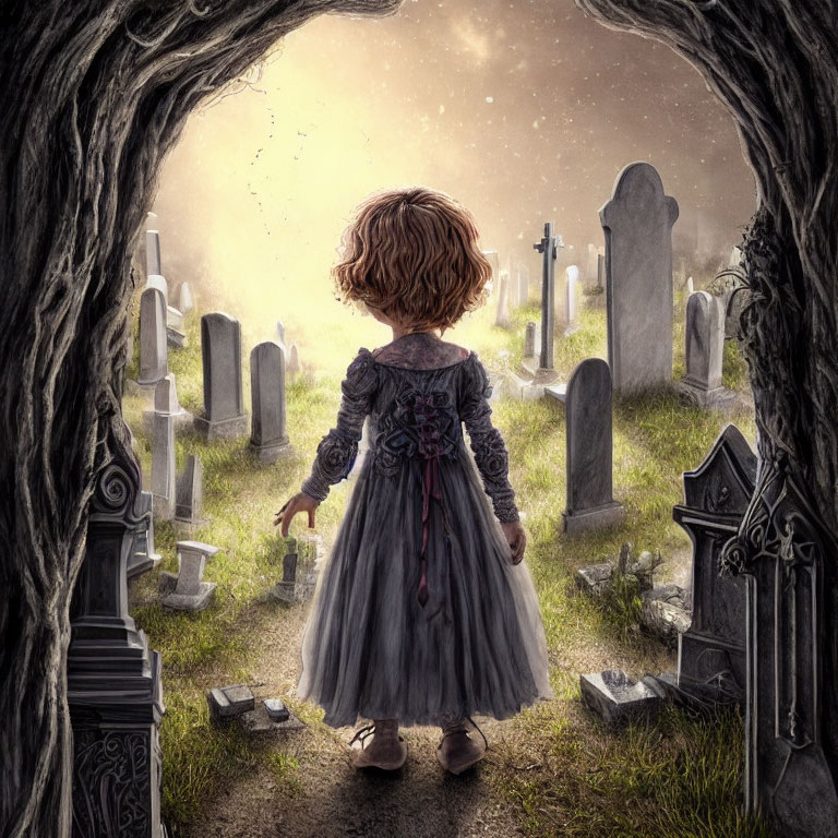 Young girl in vintage dress at graveyard entrance with sunlit tombstones