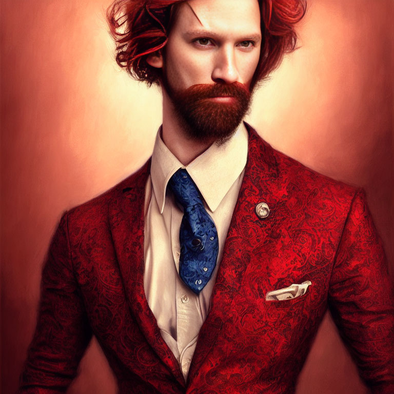 Stylized portrait of man in red suit with red beard