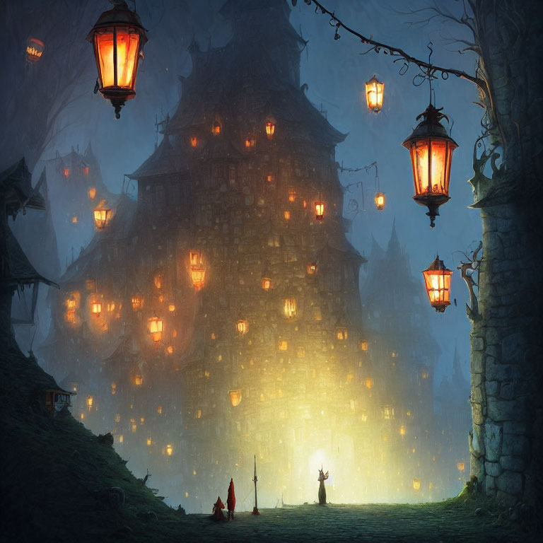 Mystical blue haze illuminates pagoda with lanterns