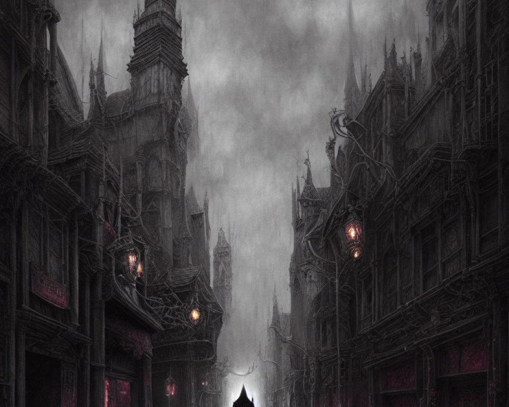 Mysterious figure in cloak on foggy gothic street