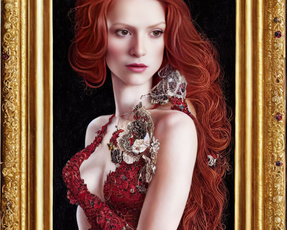 Detailed portrait of woman with flowing red hair and lace dress in ornate frame