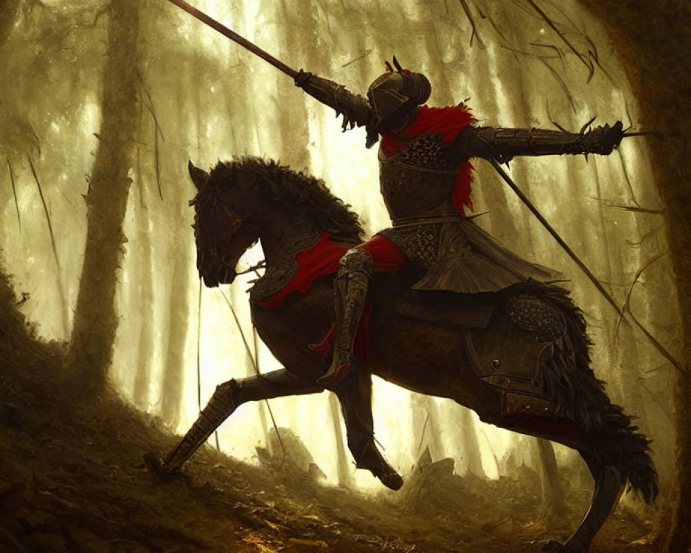 Knight in Armor on Rearing Horse with Lance in Sunlit Forest