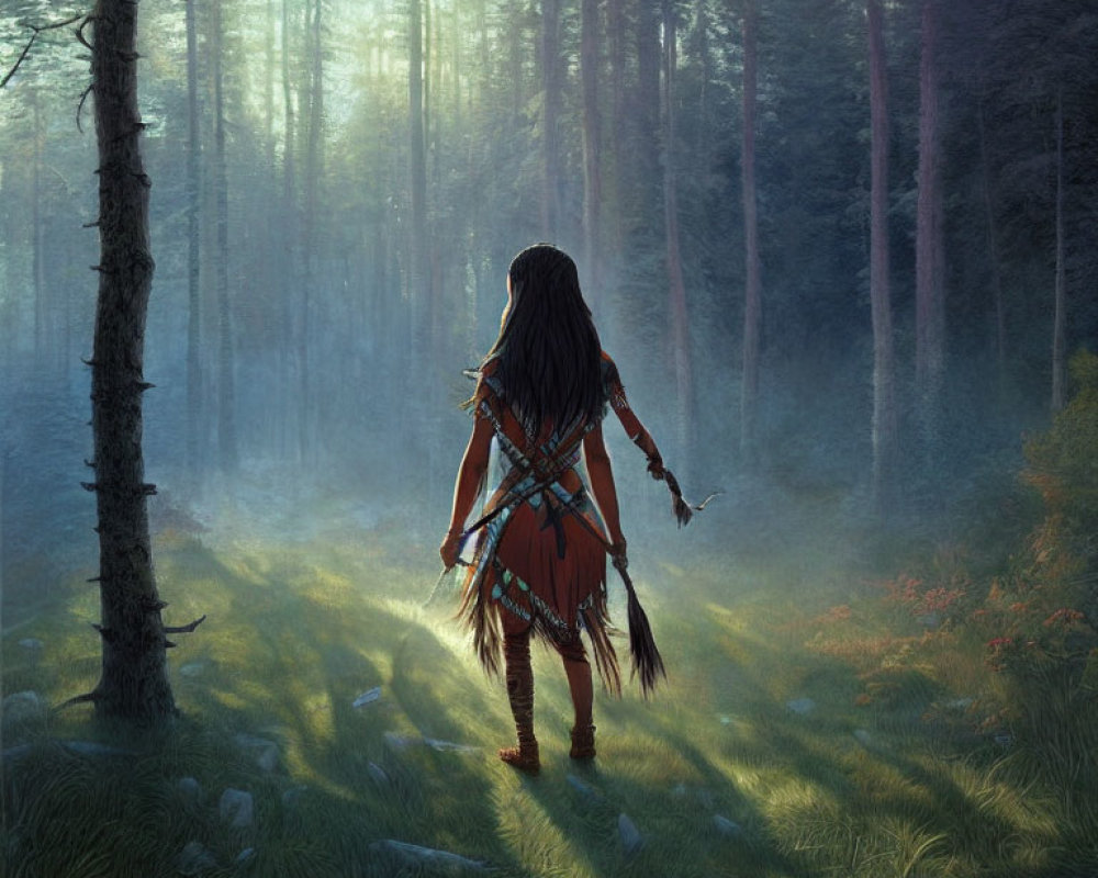 Tribal attire person with bow in sunlit forest