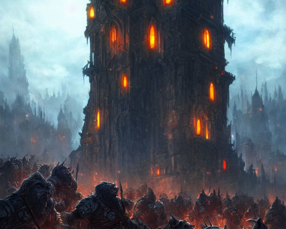 Armored orcs march towards dark fortress under glowing orange windows