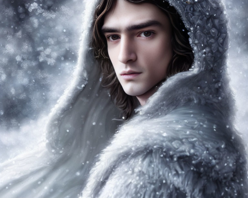 Digital portrait of person with shoulder-length wavy hair in fur-lined hooded cloak against snowy backdrop