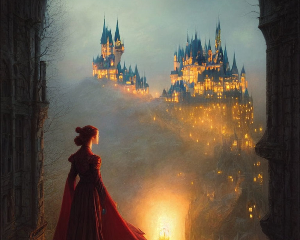 Woman in Red Dress Overlooking Fantasy Castle with Lantern