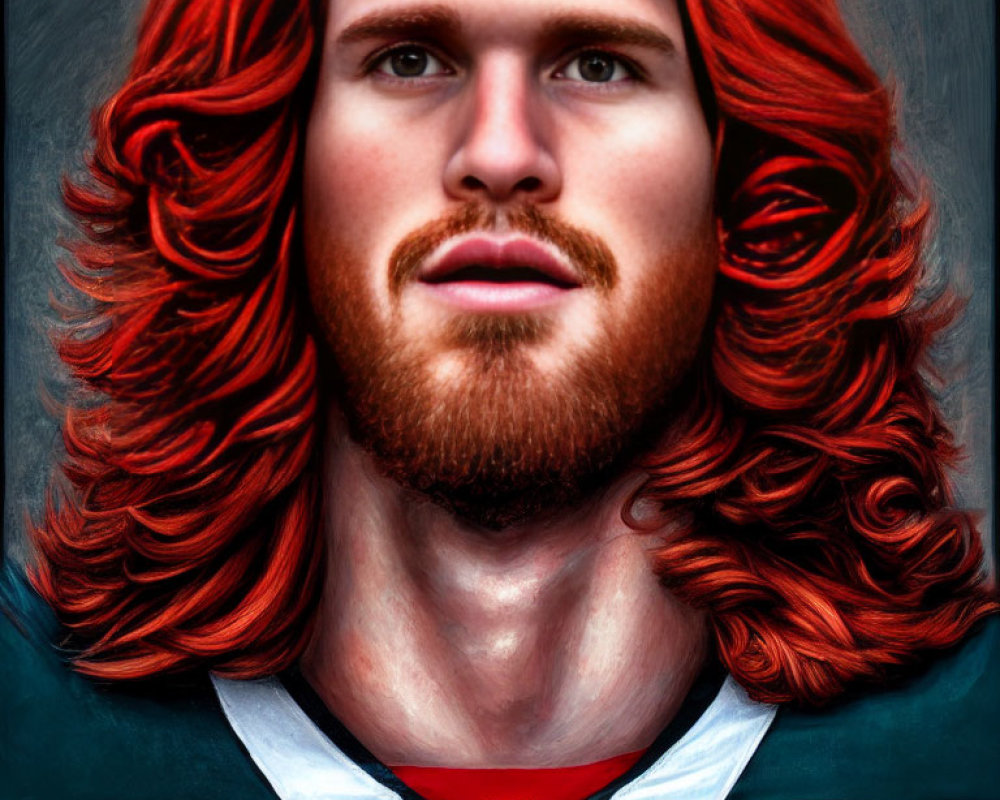 Realistic digital art: man with flowing red hair and beard in football jersey