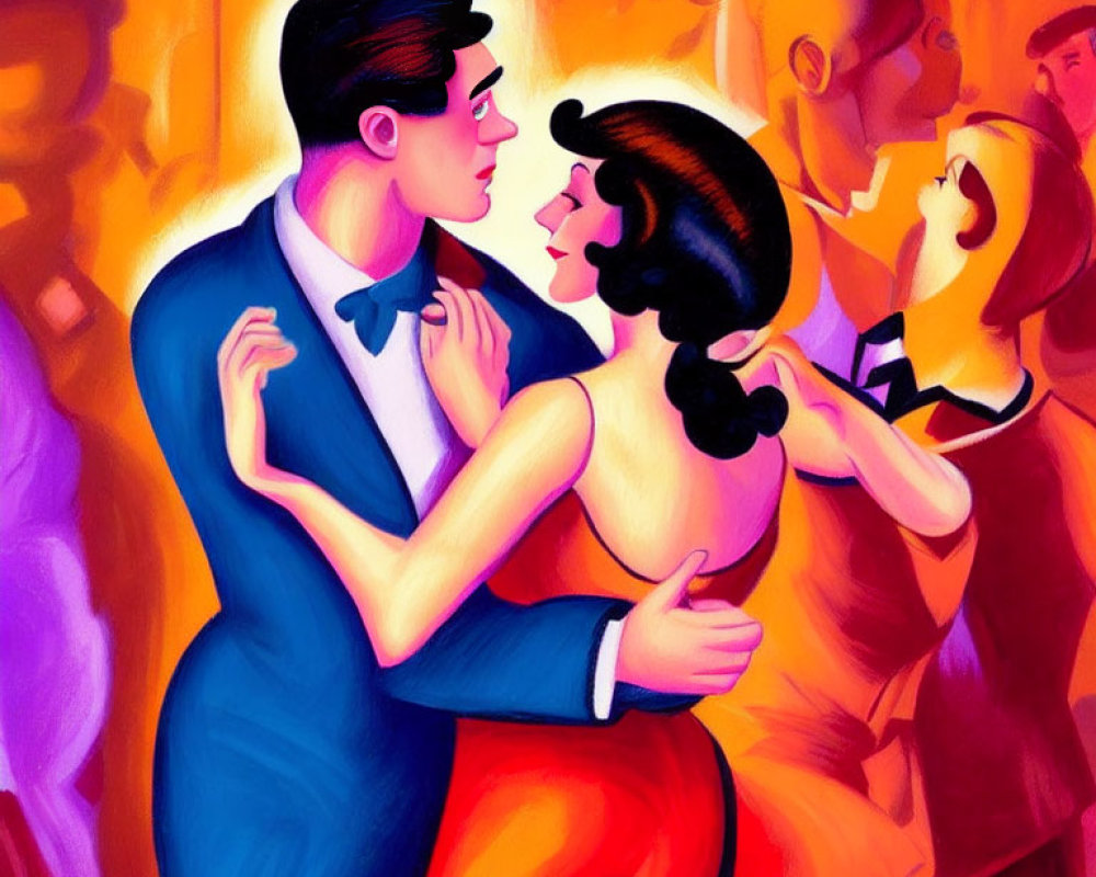 Colorful illustration of couple dancing in formal attire among other dancers