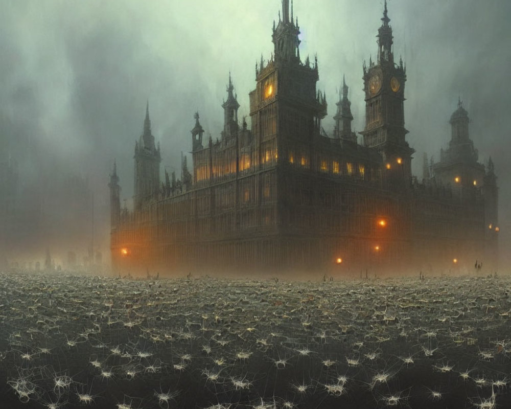 Gothic-style building with clock tower in misty landscape