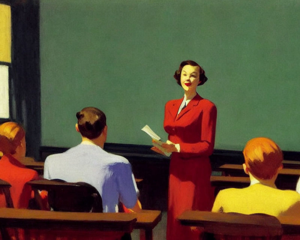 Smiling woman in red suit teaching in classroom with students and green chalkboard