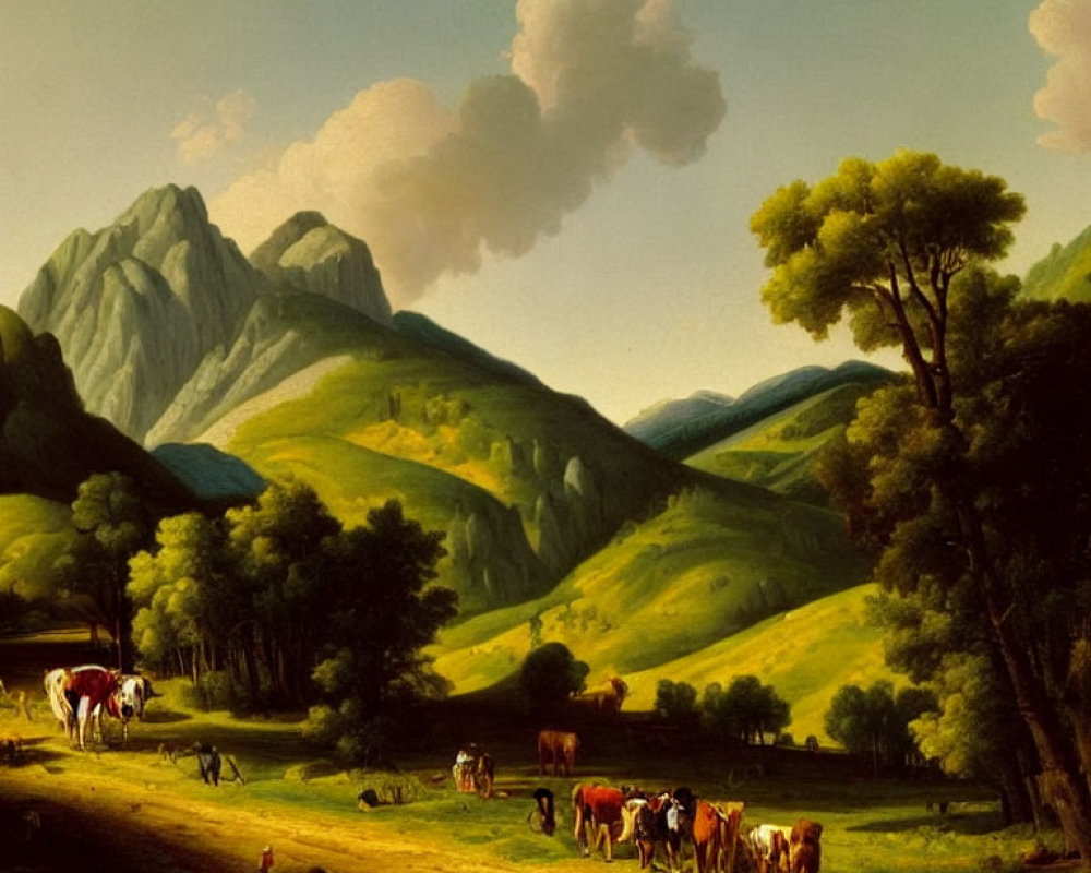 Countryside landscape with cows, figures, hills, and mountains under cloudy sky