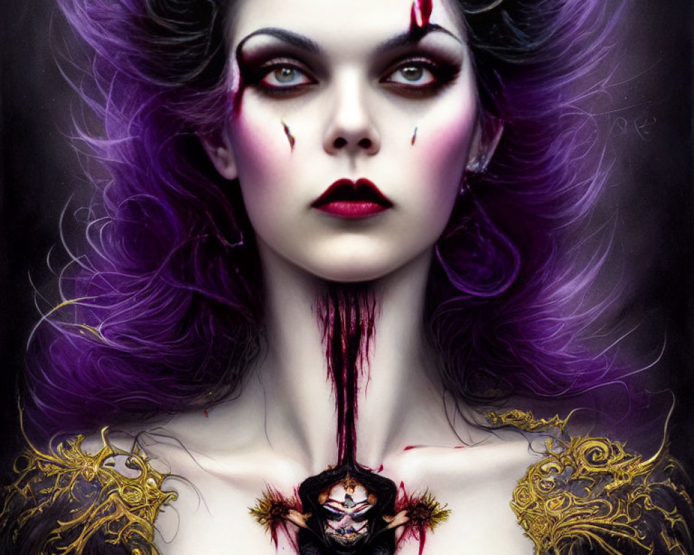 Gothic portrait of woman with purple hair, dark makeup, gold detailing