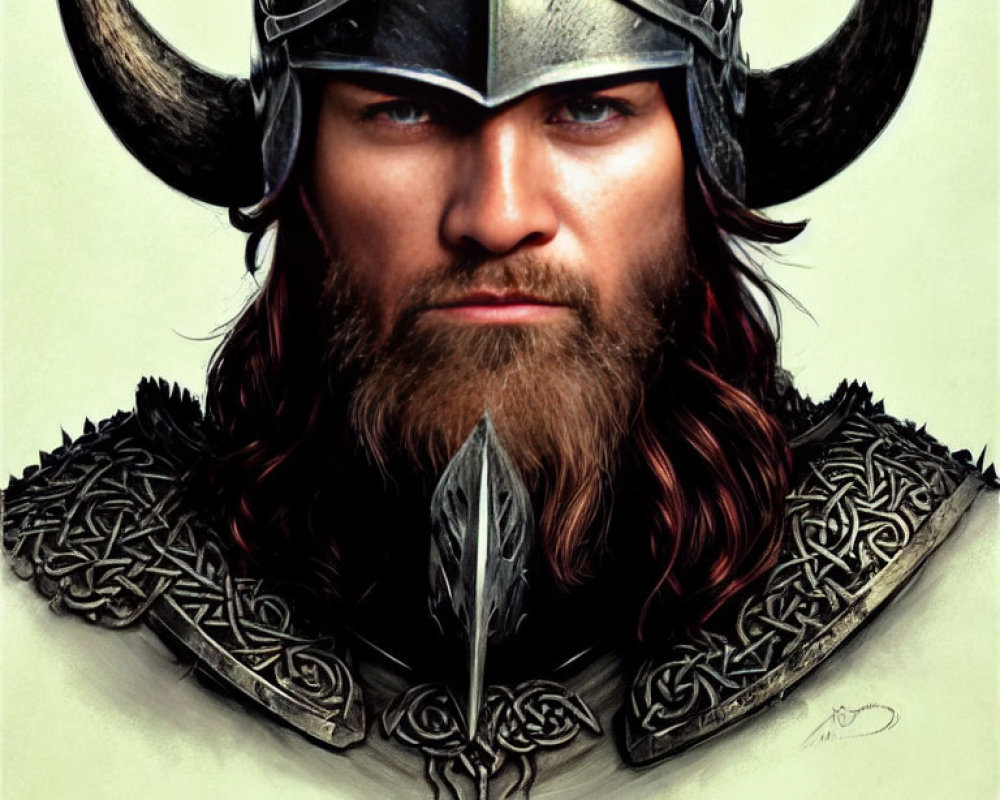 Bearded Viking warrior with horned helmet and ornate armor