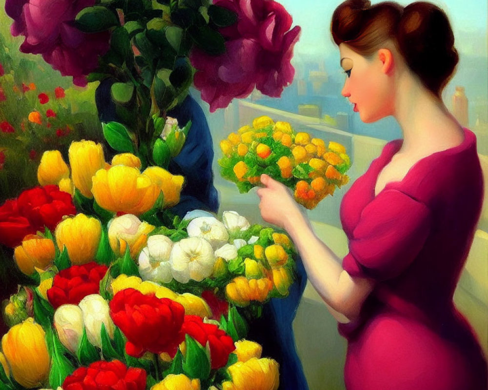 Woman in Magenta Dress Admiring Bouquet of Yellow Flowers