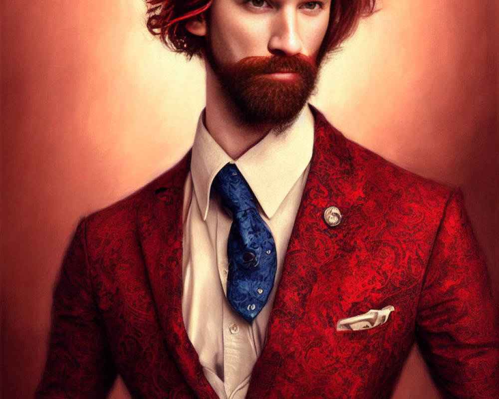 Stylized portrait of man in red suit with red beard