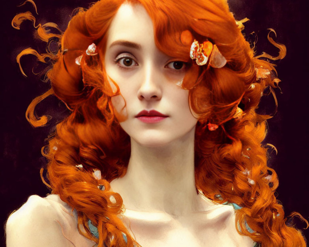 Vibrant curly red hair woman with flowers, pale skin, and striking features