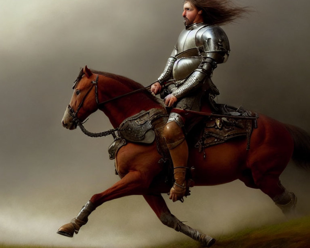 Knight in Full Armor Riding Galloping Horse in Misty Landscape