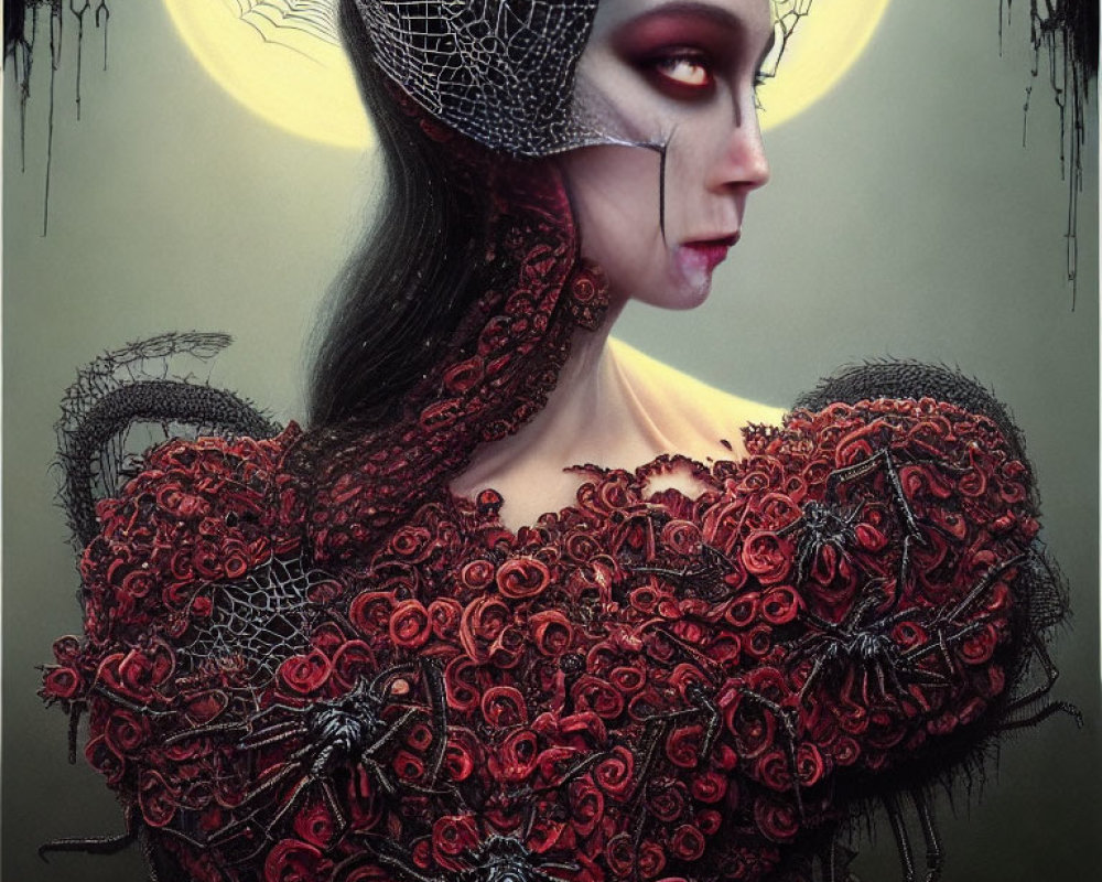 Surreal gothic portrait of woman with spiders, webs, and eerie orbs