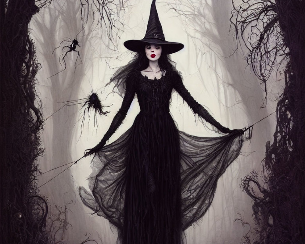 Spooky forest illustration with witch in pointed hat and black dress