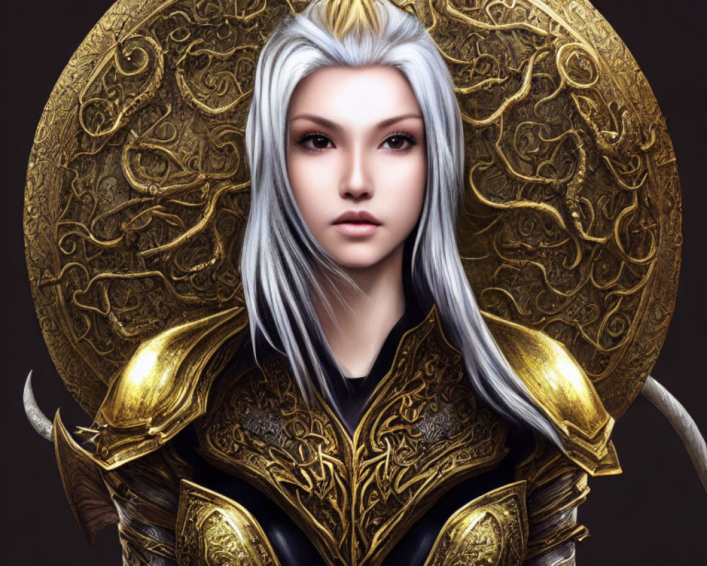 Regal woman with silver hair in golden armor and halo