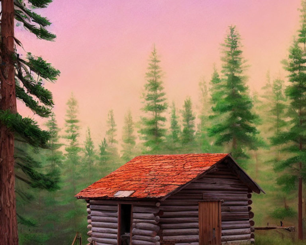 Rustic log cabin with red roof in serene forest at dusk or dawn