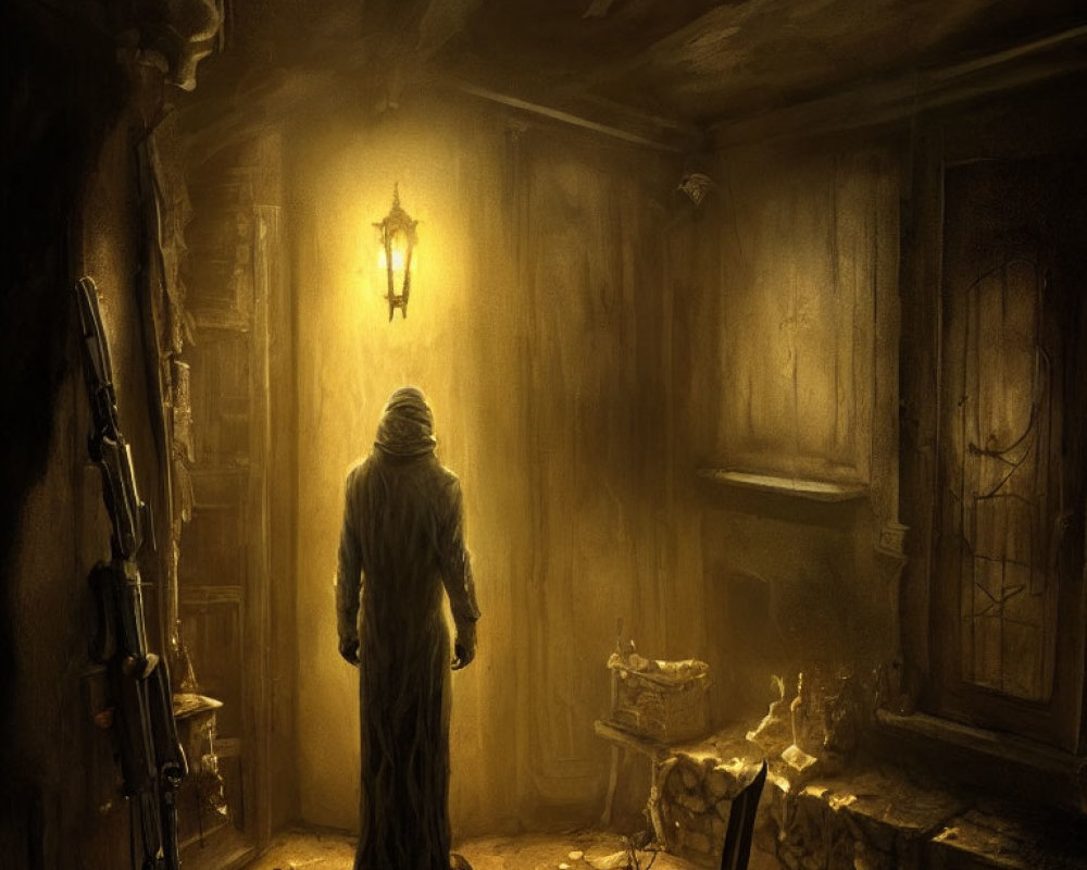 Mysterious cloaked figure in rustic room with lantern and sword display