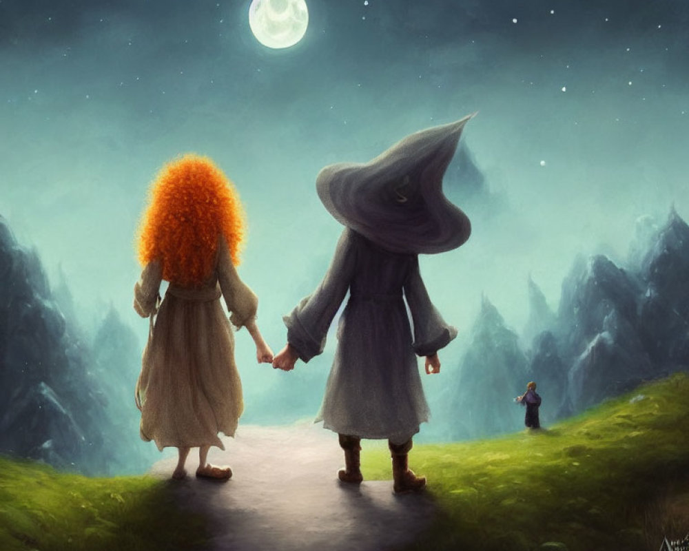 Fantasy characters with red hair and wizard hat holding hands on moonlit path