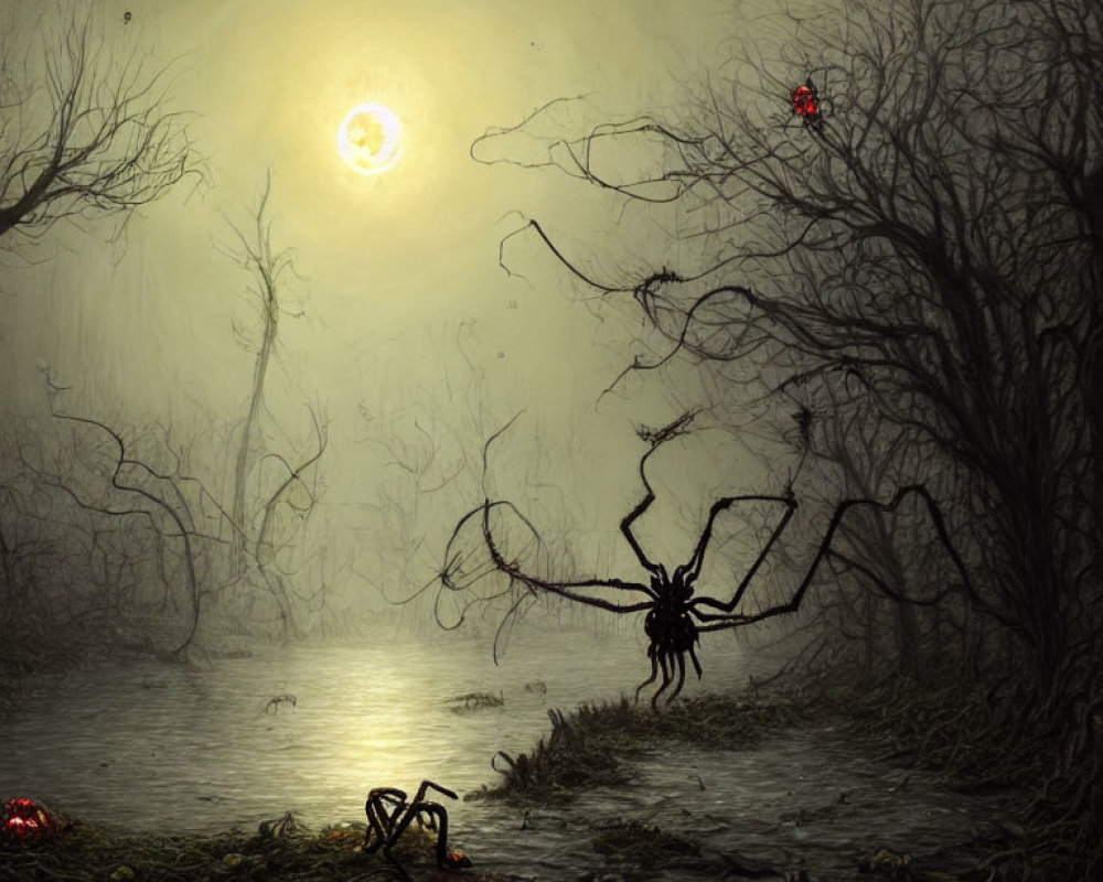 Misty Swamp Scene with Spider-like Creatures and Red Lights