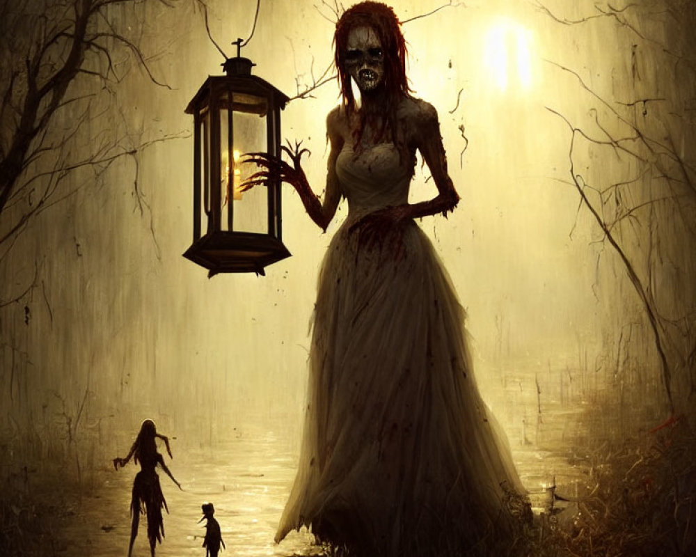 Eerie zombie bride with lantern in misty forest