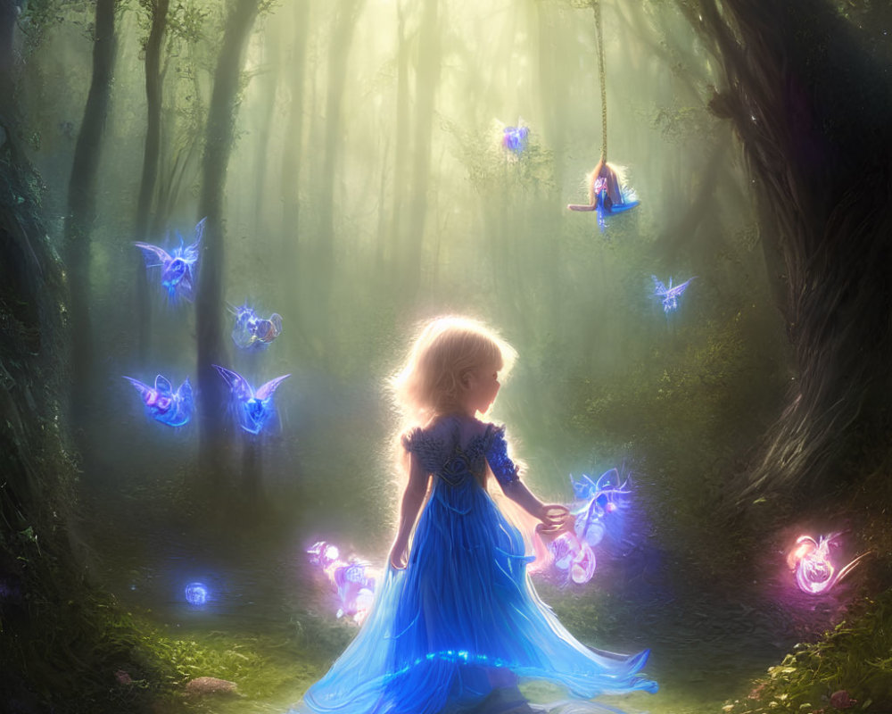 Girl in Blue Dress Surrounded by Glowing Butterflies in Forest with Swing