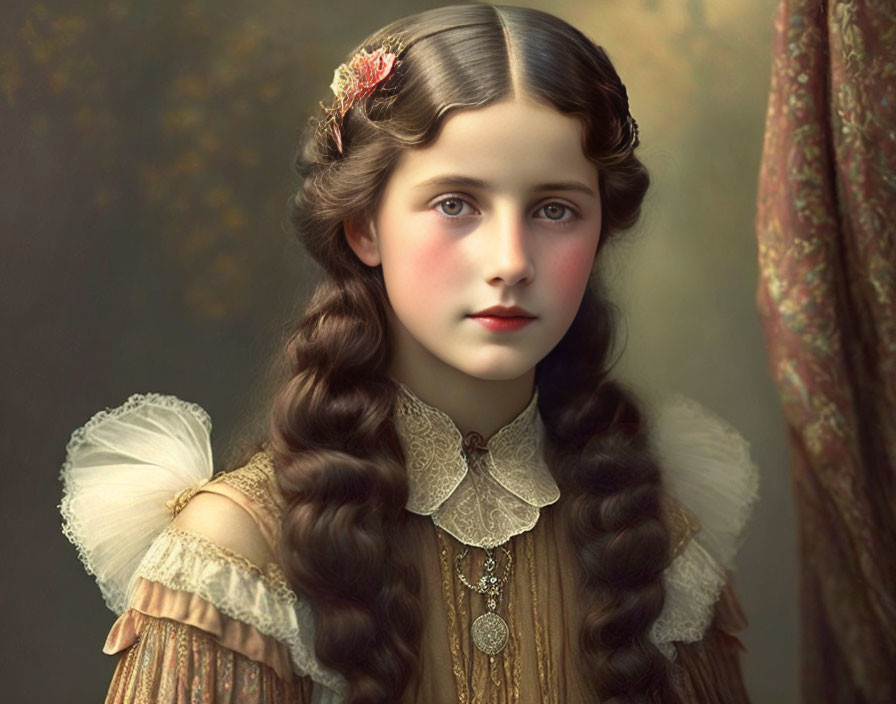 Victorian-era young girl with long braided hair and lace collar