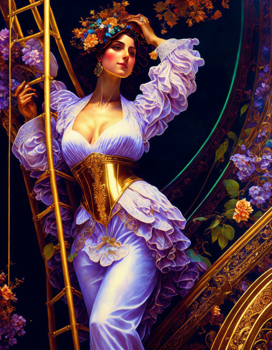 Elegant woman in purple and gold period dress with floral adornments beside golden harp.