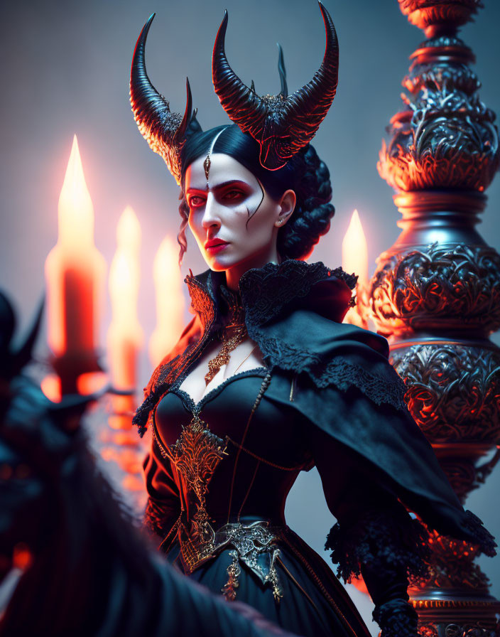 Mysterious woman with large horns in dark gothic costume surrounded by candles