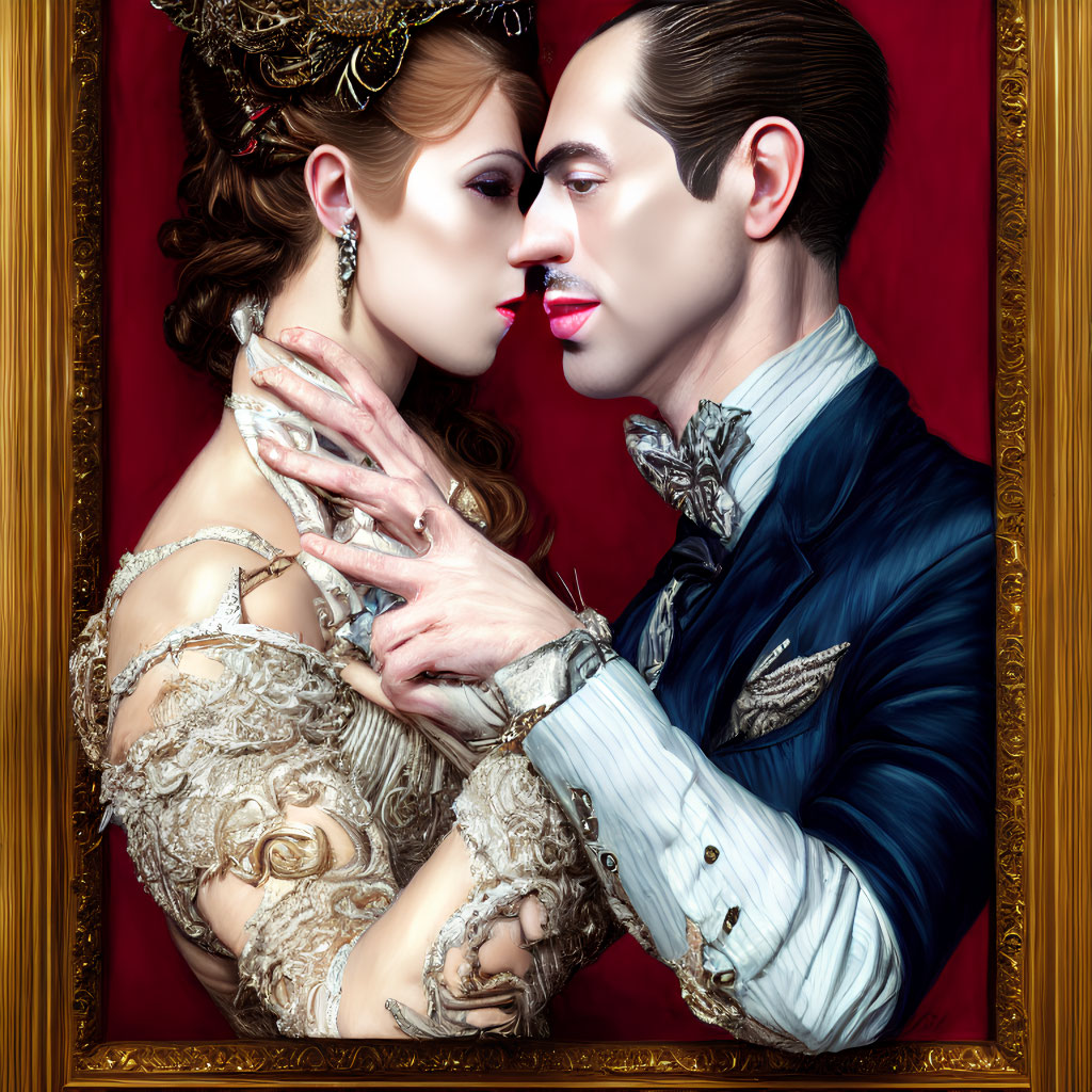 Stylized portrait of couple in vintage attire, tongues touching, against red backdrop.