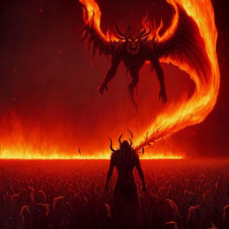 Winged demon and horned figure in fiery landscape