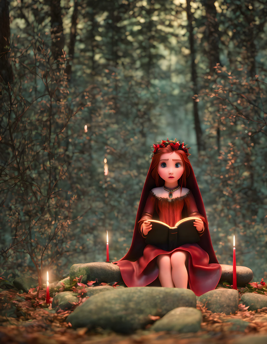 Girl in red hood reading book in mystical forest with candles and flower crown