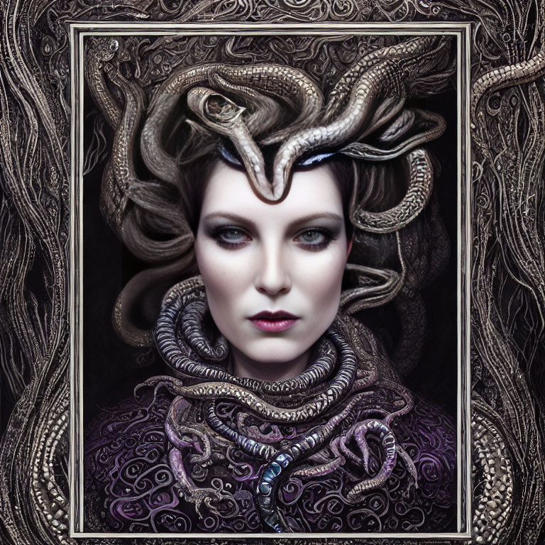 Medusa-inspired woman with snakes in hair on ornate dark background