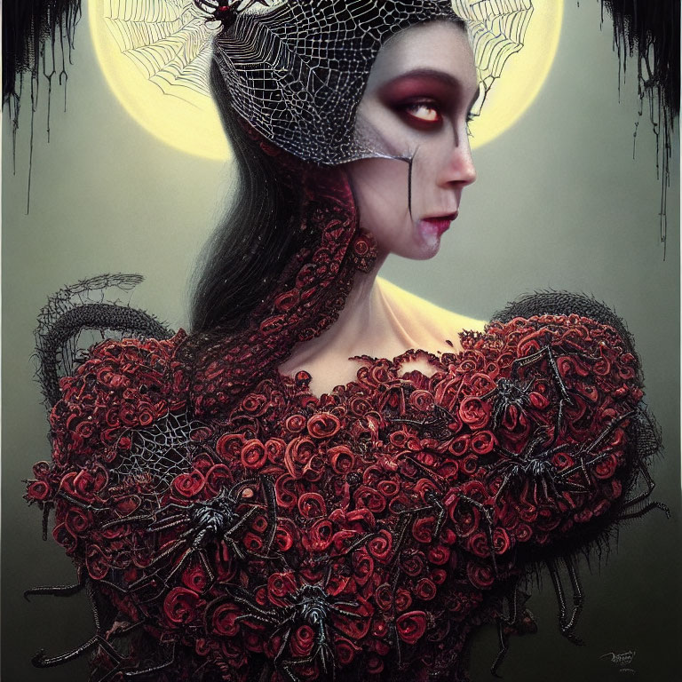 Surreal gothic portrait of woman with spiders, webs, and eerie orbs