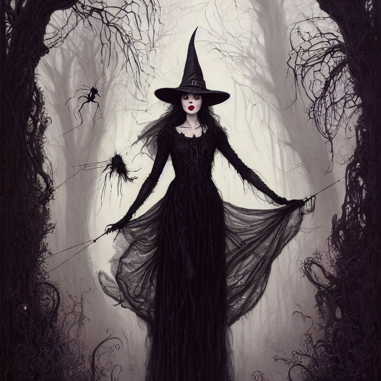 Spooky forest illustration with witch in pointed hat and black dress