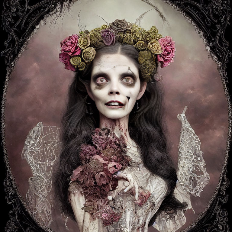 Portrait of person with skull-like makeup in lace outfit and floral wreath exudes gothic mystique