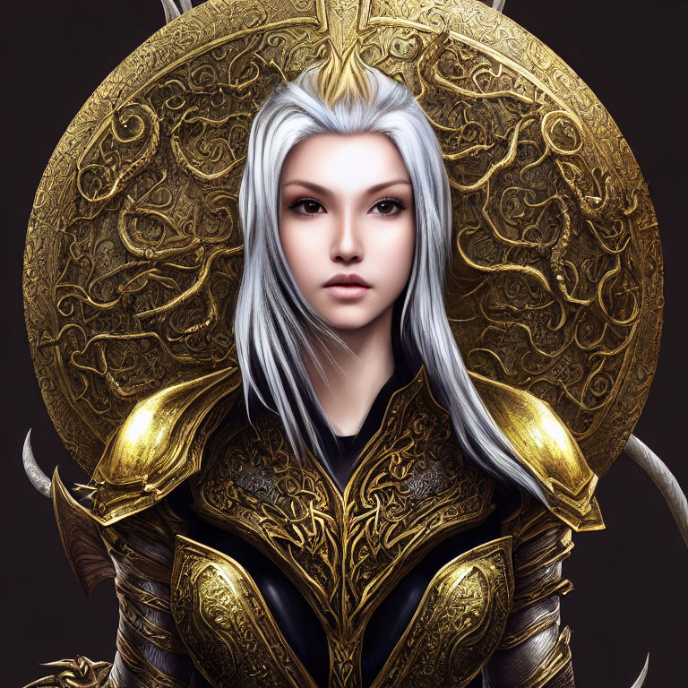 Regal woman with silver hair in golden armor and halo