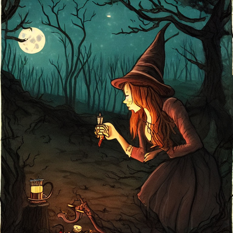 Witch with candle in forest at night near glowing mushrooms and tea set under full moon