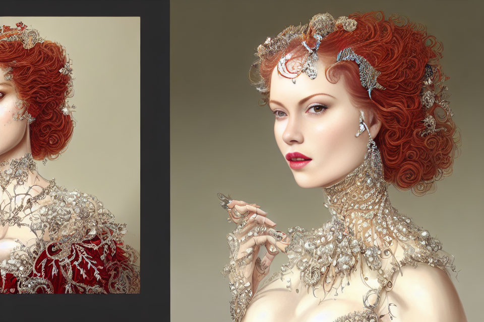 Detailed Red Curly Hair Woman in Metallic Dress & Jewelry