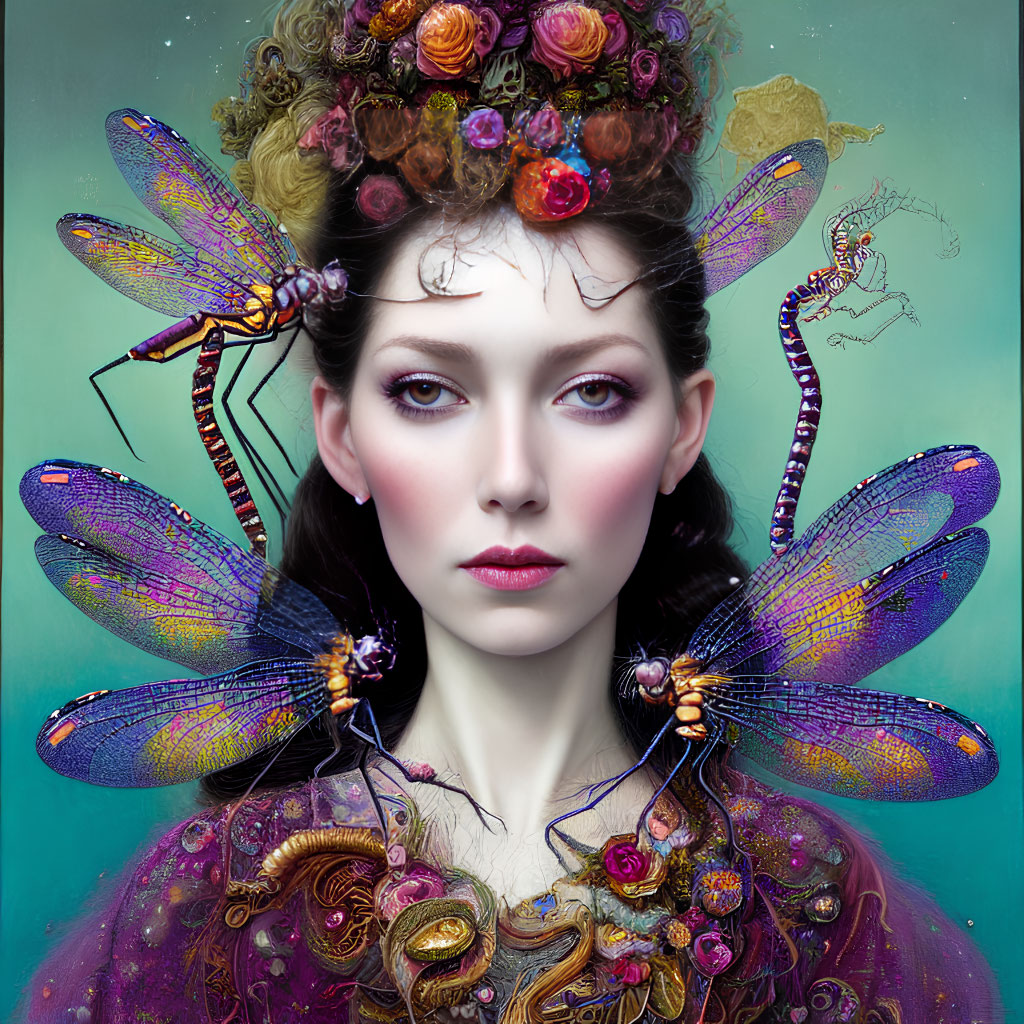 Surreal portrait of woman with dragonfly wings and floral headpiece