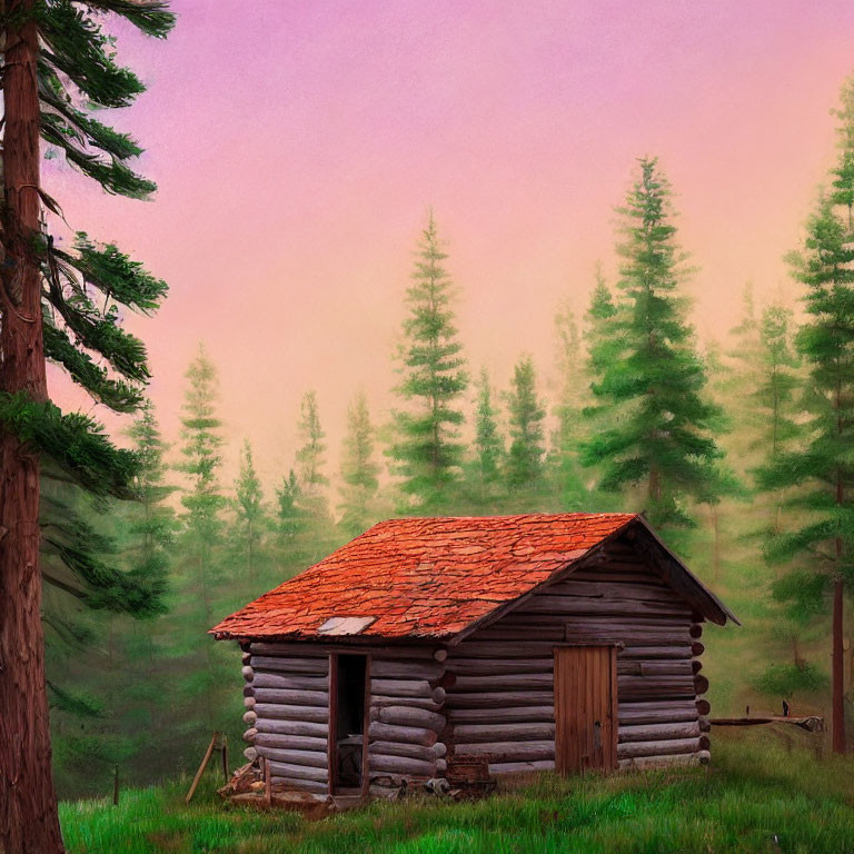 Rustic log cabin with red roof in serene forest at dusk or dawn