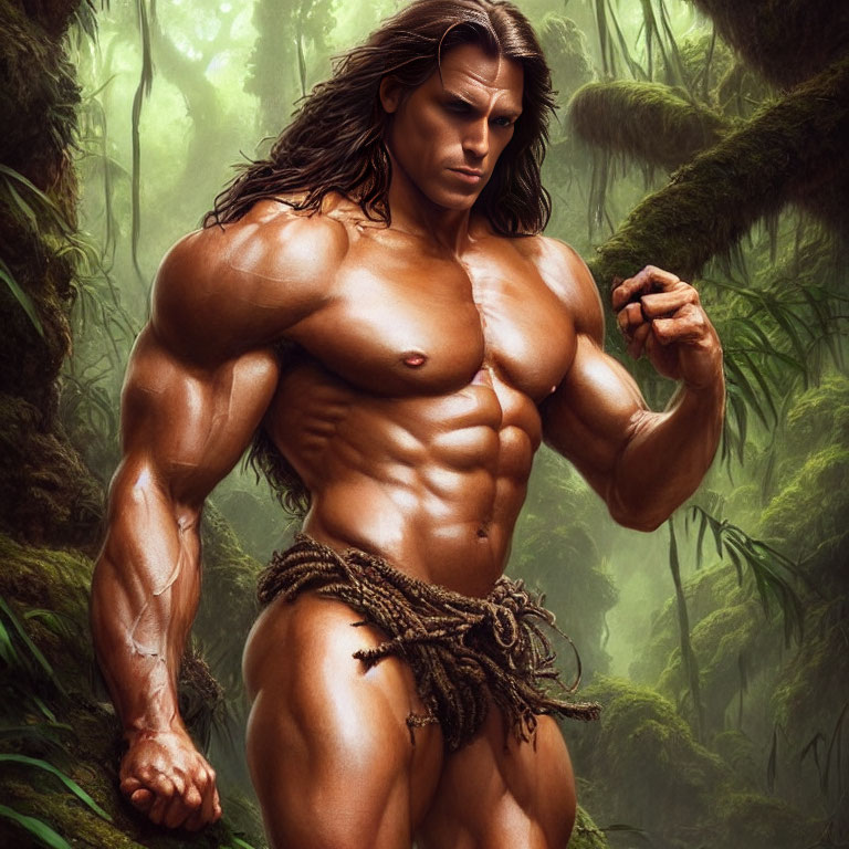 Muscular Man in Loincloth Flexing in Jungle