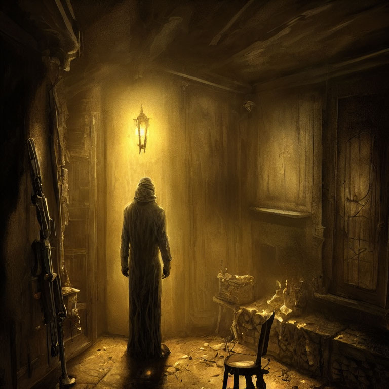 Mysterious cloaked figure in rustic room with lantern and sword display