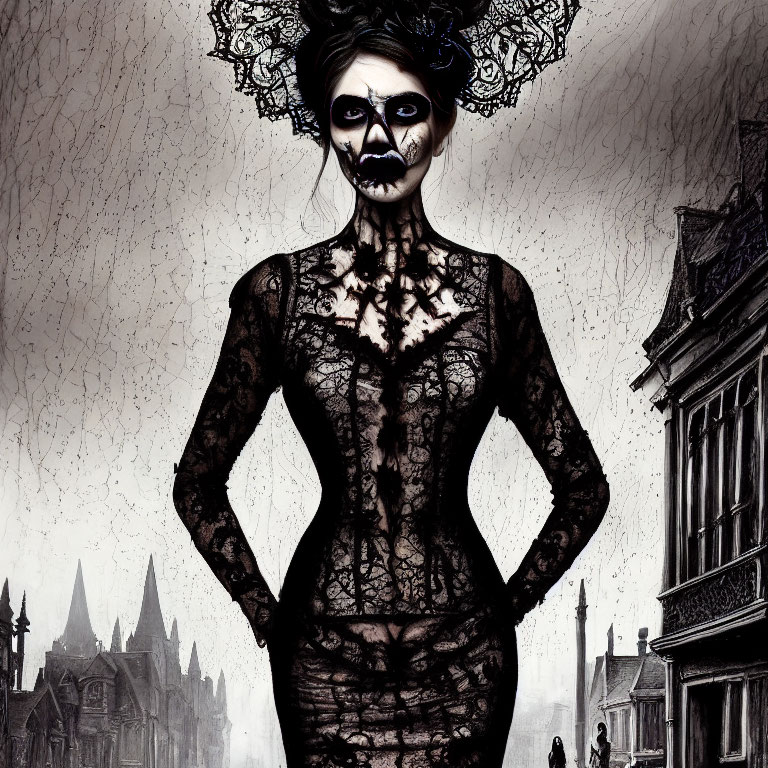 Gothic-themed woman with skeletal makeup and lace attire in Day of the Dead setting